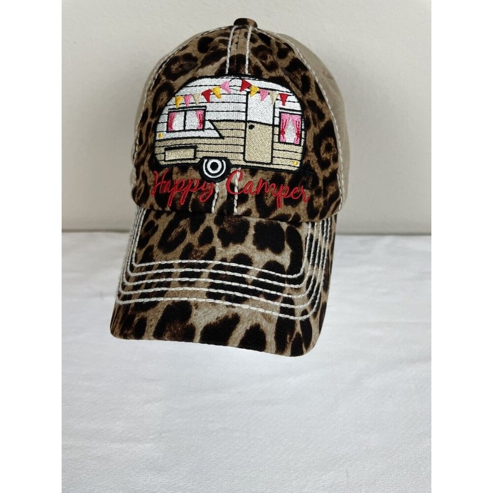 Happy Camper Leopard Print Baseball Cap Hat by KB Ethos Adjustable Fit Tan Retro